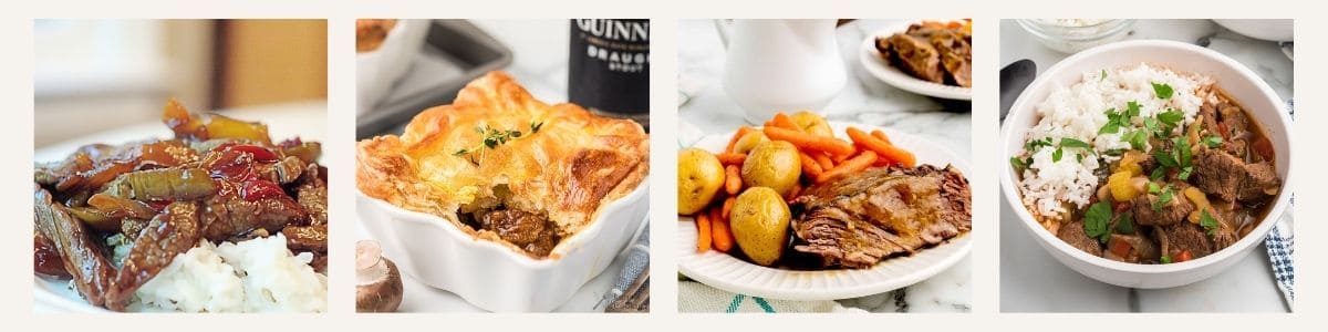Four different beef dishes: sesame beef stirfry, beef and stout pie with pastry crust, roast beef with potatoes and carrots, and garlicky beef stew with rice and parsley.