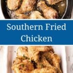 Finished pieces of fried chicken on a serving plate.