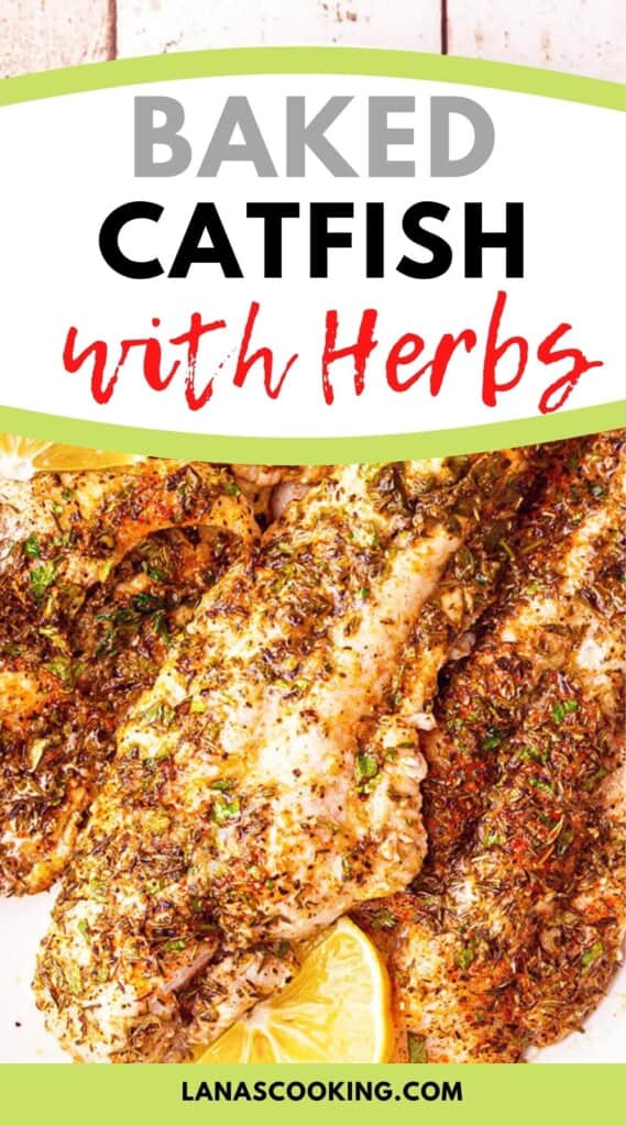 Baked Catfish on a white plate. Text overlay for pinning.