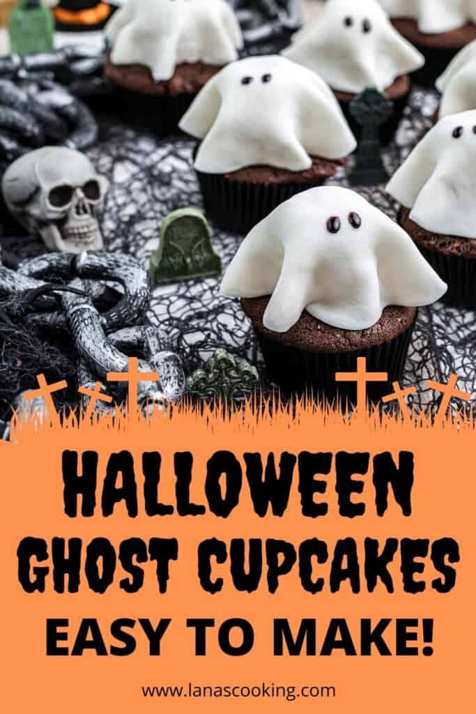Finished cupcakes displayed on a Halloween background.