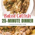 Plate of seasoned baked catfish fillets garnished with lemon slices and herbs, shown whole and partially cut, with text promoting a 25-minute dinner recipe.
