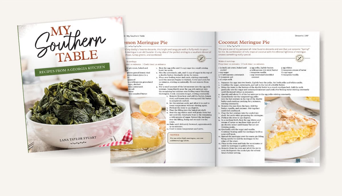 Open cookbook titled My Southern Table, with collard greens on the cover and pie recipes on the open pages.