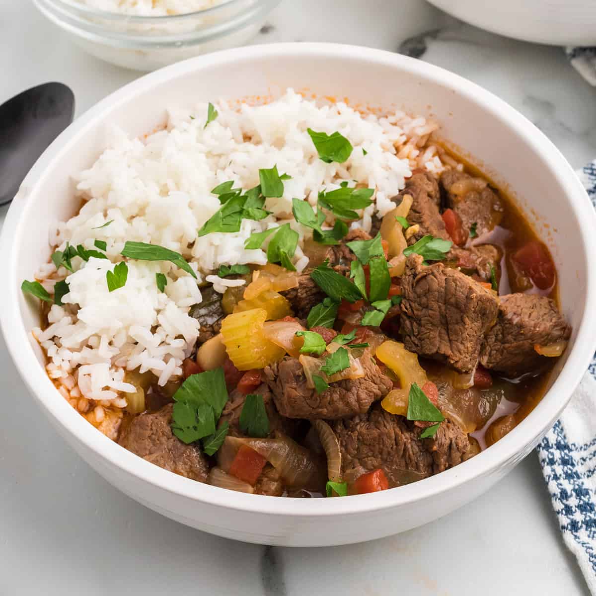 A serving of garlic lovers' beef stew over steamed rice in a white bowl.
