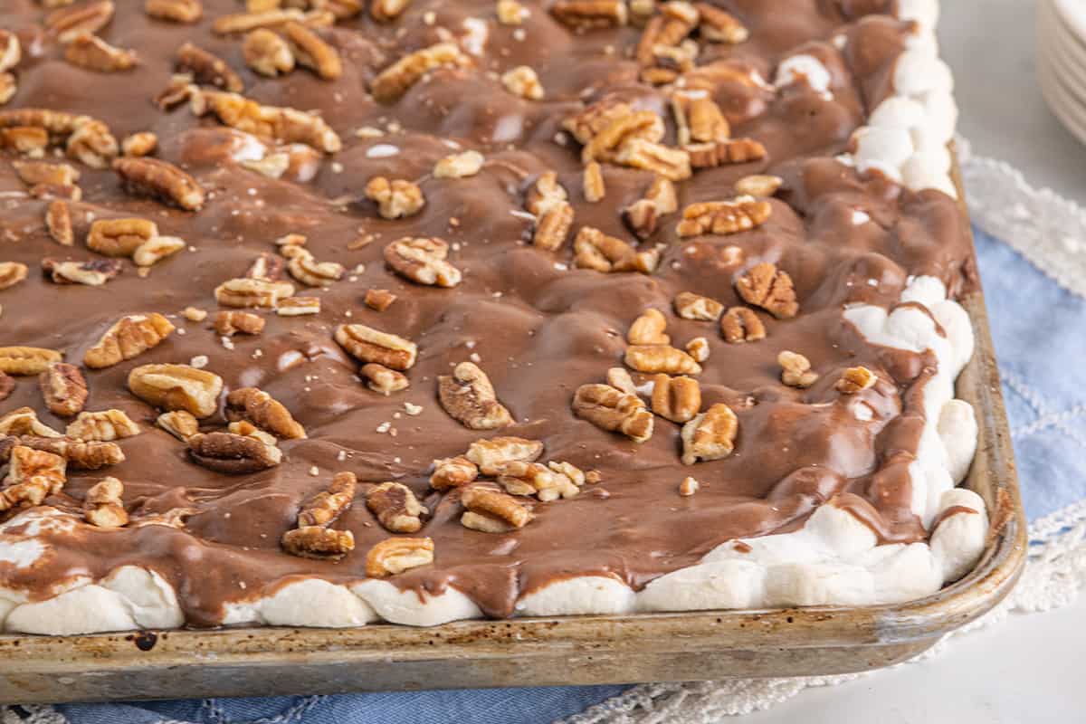 Finished cake in a baking pan.