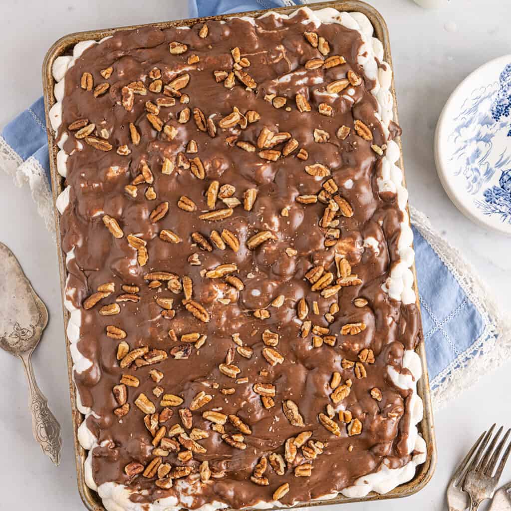 Finished cake in a baking pan.