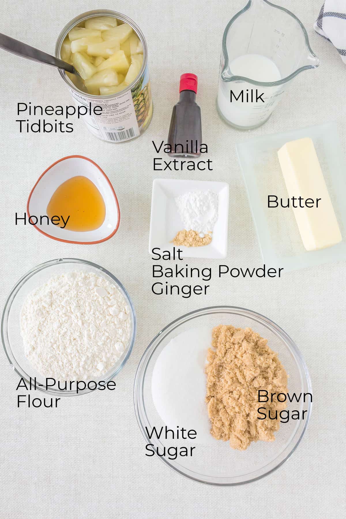 Ingredients needed to make pineapple cobbler.