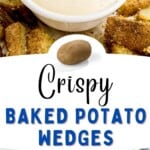 A white bowl containing a serving of crispy baked potato wedges.