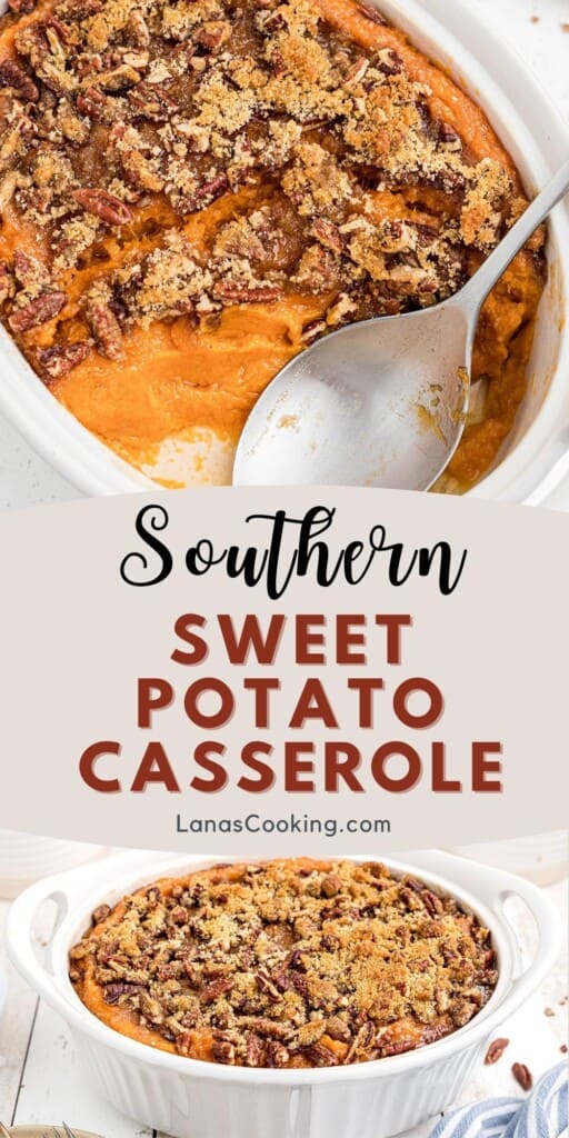 Sweet potato casserole in a white baking dish.