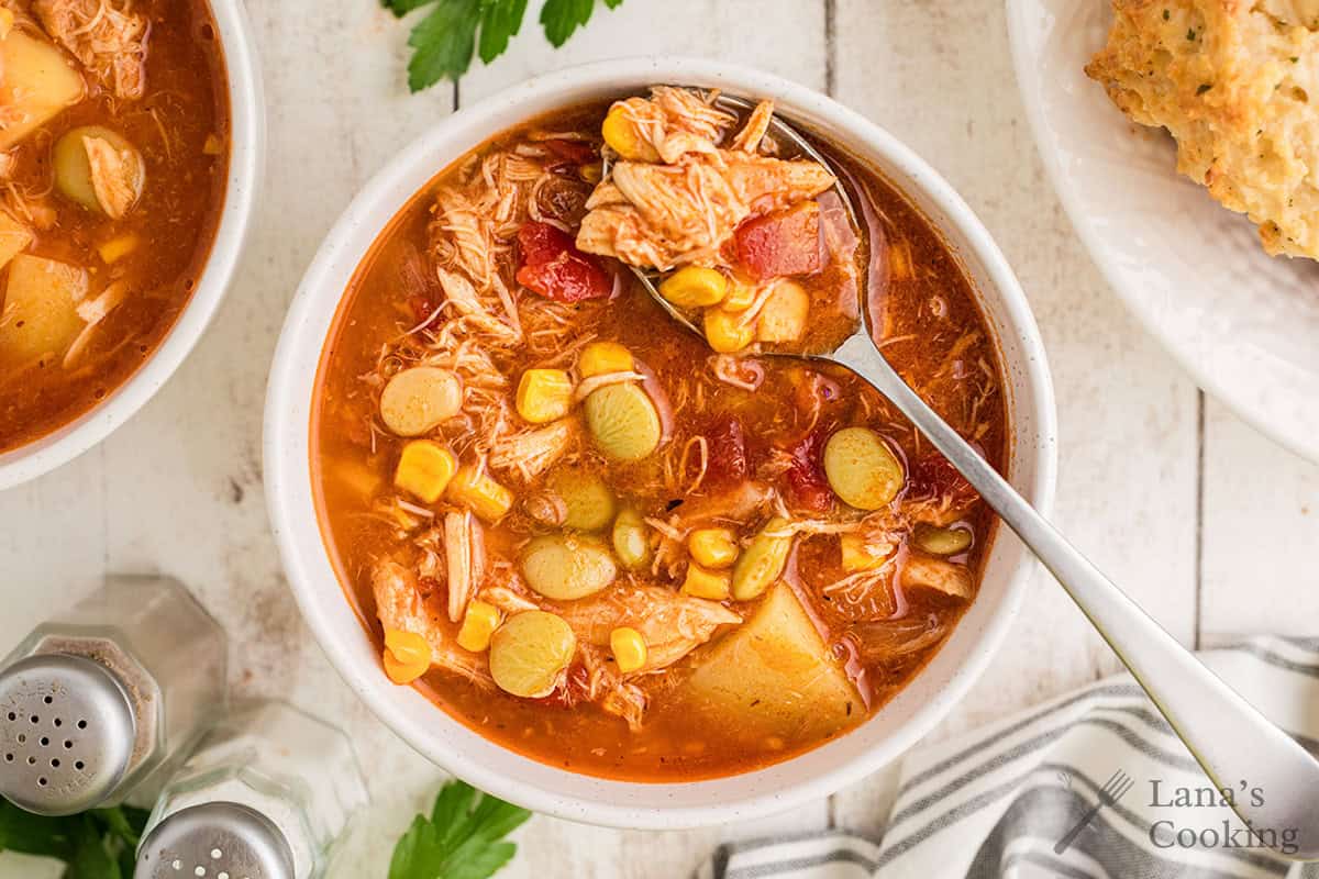 A bowl of brunswick stew with a spoon on the side.