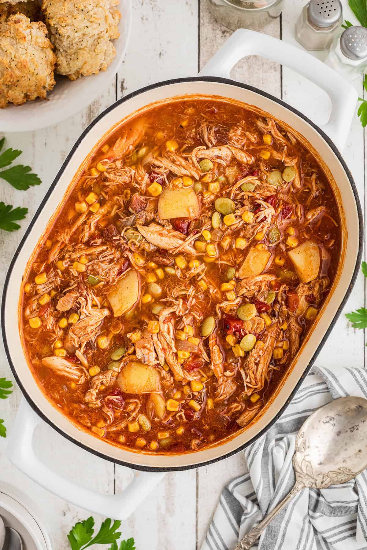 Finished brunswick stew in the cooking pot.