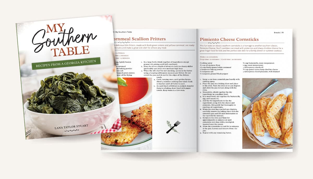 A Southern cookbook cover and open pages showing recipes for scallion fritters and pimento cheese comsticks.