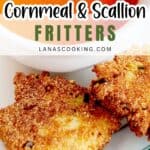 A plate with two cornmeal and scallion fritters next to a bowl of tomato soup, garnished with basil.