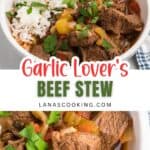 A bowl of beef stew with chunks of beef, celery, tomatoes, and white rice, garnished with chopped parsley. Text overlay reads Garlic Lovers Beef Stew, lanascooking.com.