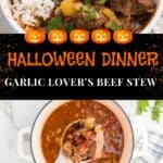 A bowl and a pot of beef stew with rice, featuring visible beef, celery, and tomatoes. Orange pumpkins, Halloween-themed text, and the words Garlic Lovers Beef Stew are displayed across the image.