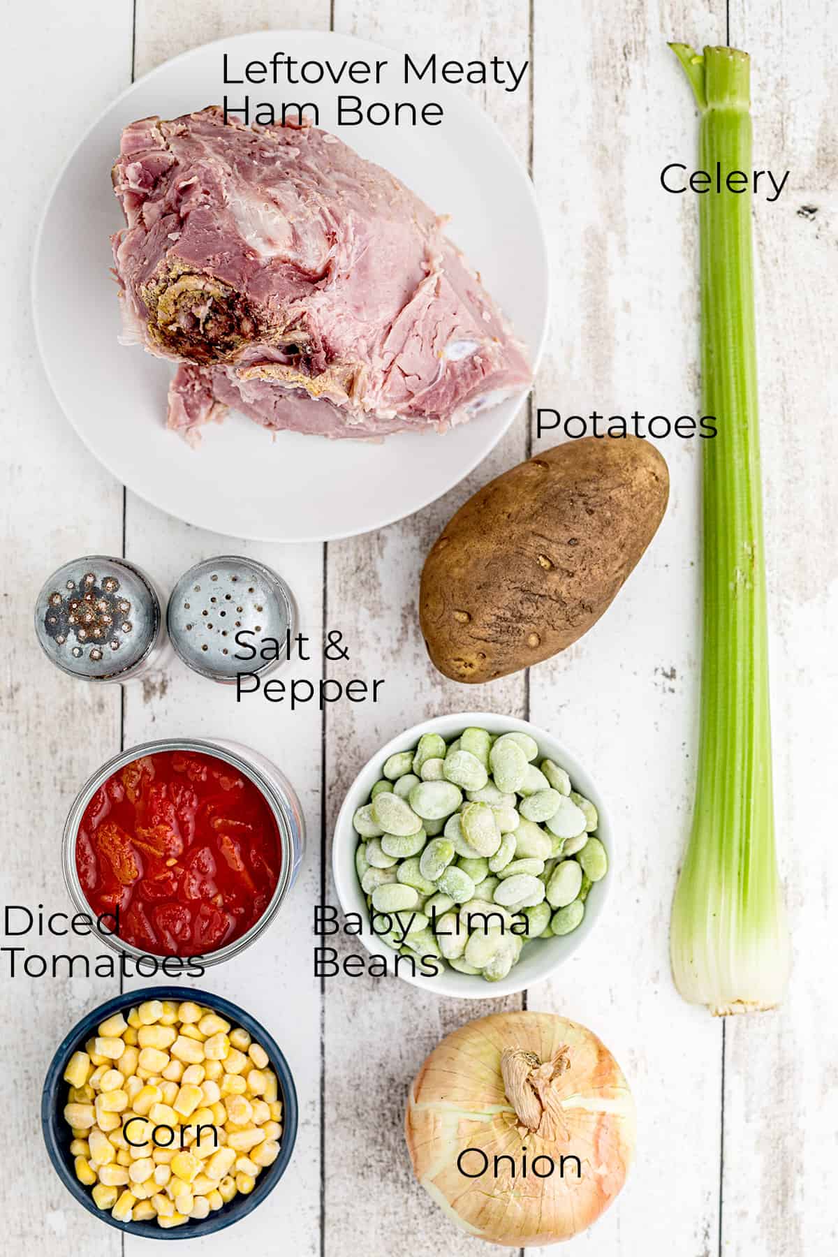 All ingredients needed to make ham bone soup.