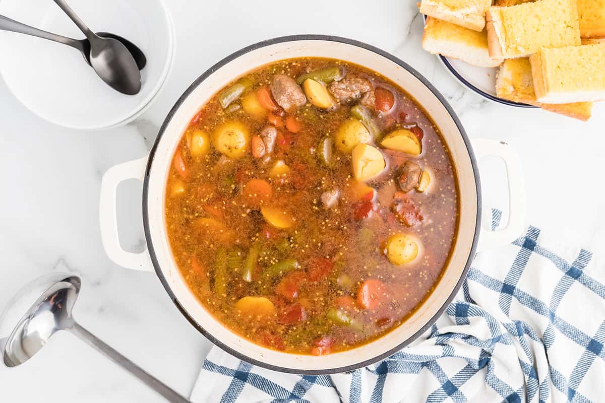 A pot of finished homemade vegetable beef soup.