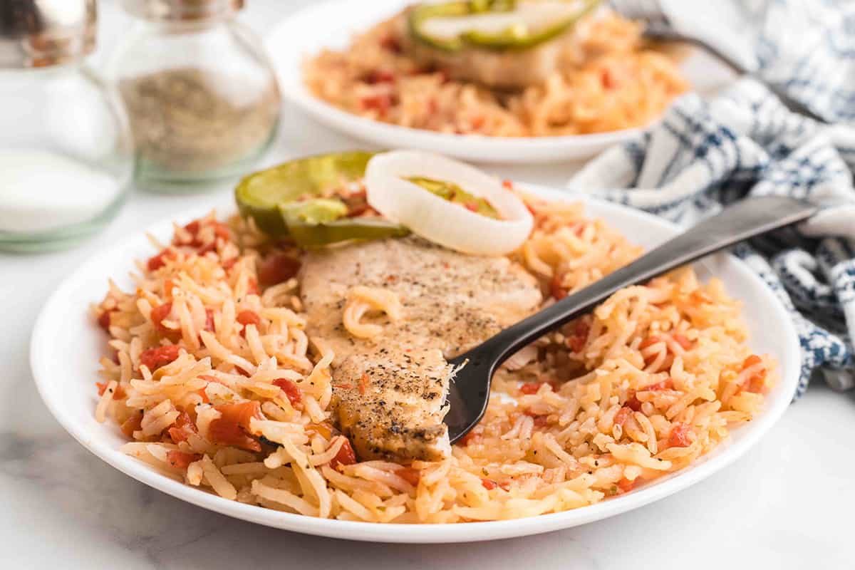 A serving of one dish pork chops and rice on a white plate.