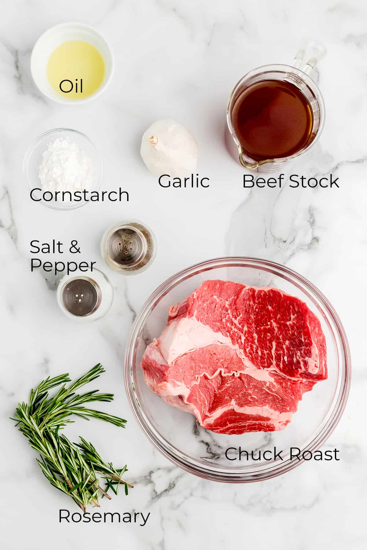 Ingredients needed to make oven baked pot roast.