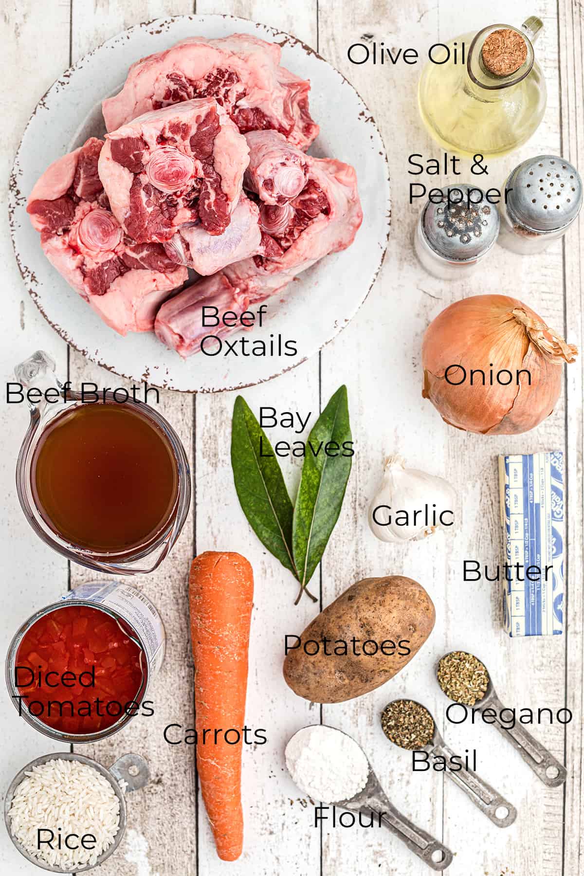 All the ingredients needed to make oxtail stew.
