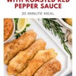 Four pieces of pan-fried fish on a plate with lemon, rosemary, and red pepper sauce on the side.