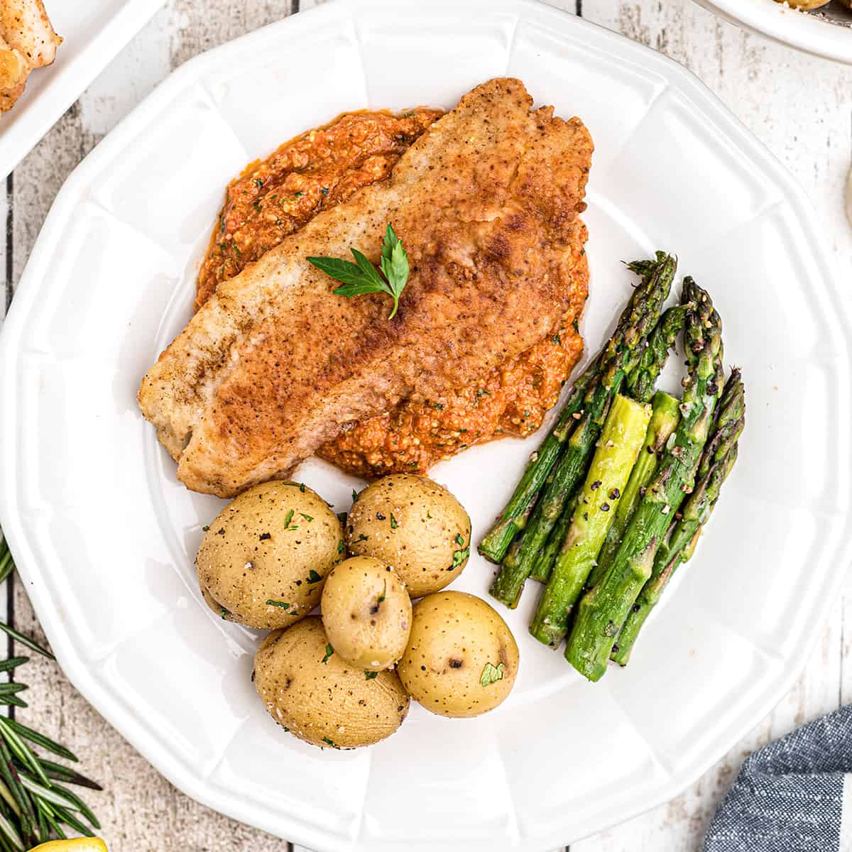 Pan Fried Fish with Roasted Red Pepper Sauce