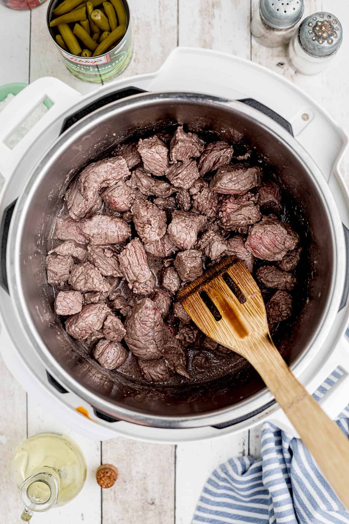 Browned beef in an instant pot.