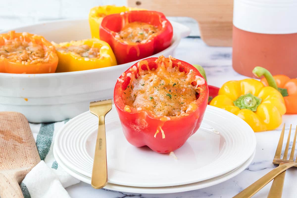 A single stuffed pepper on a white plate.