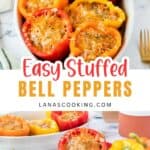 Stuffed bell peppers filled with cheese and herbs, served in a baking dish on a white table.