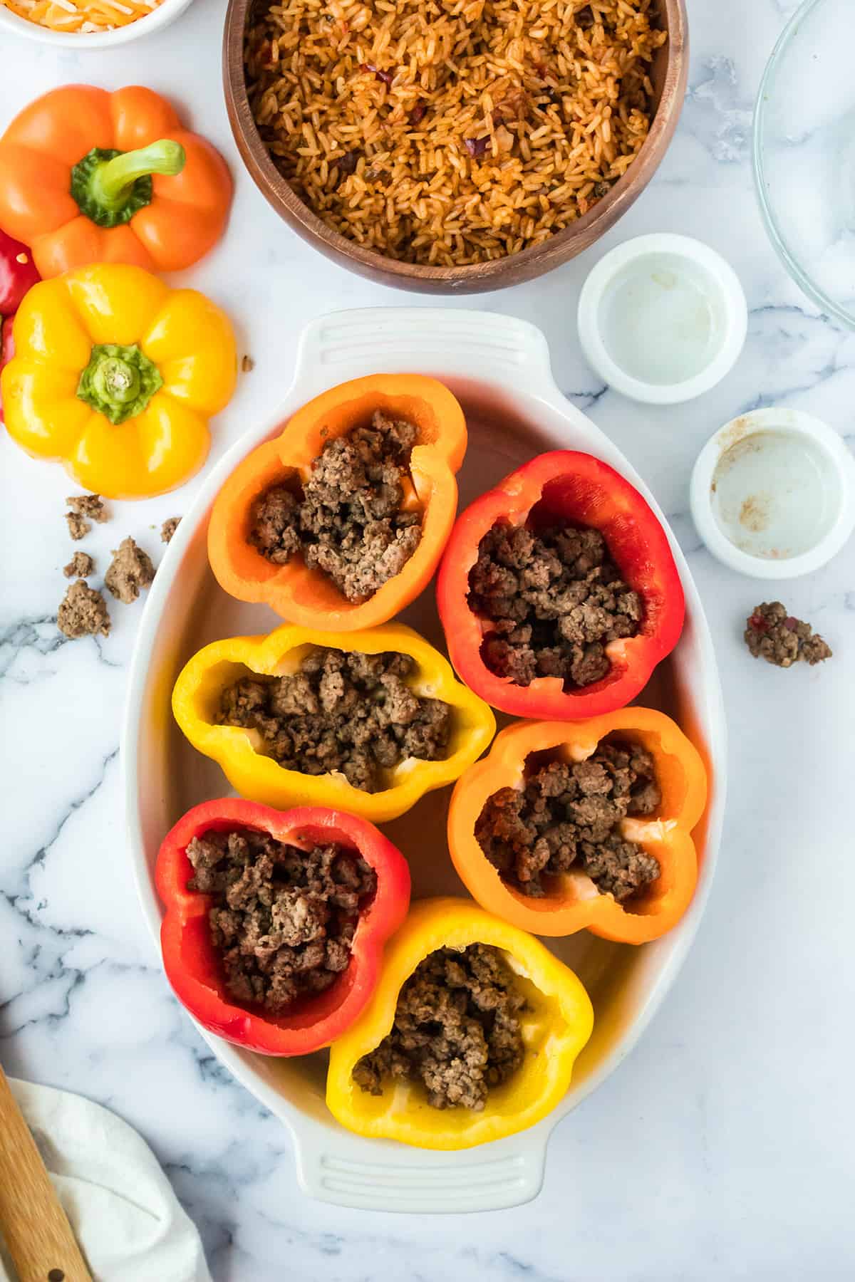 Pepper halves filled with ground beef.