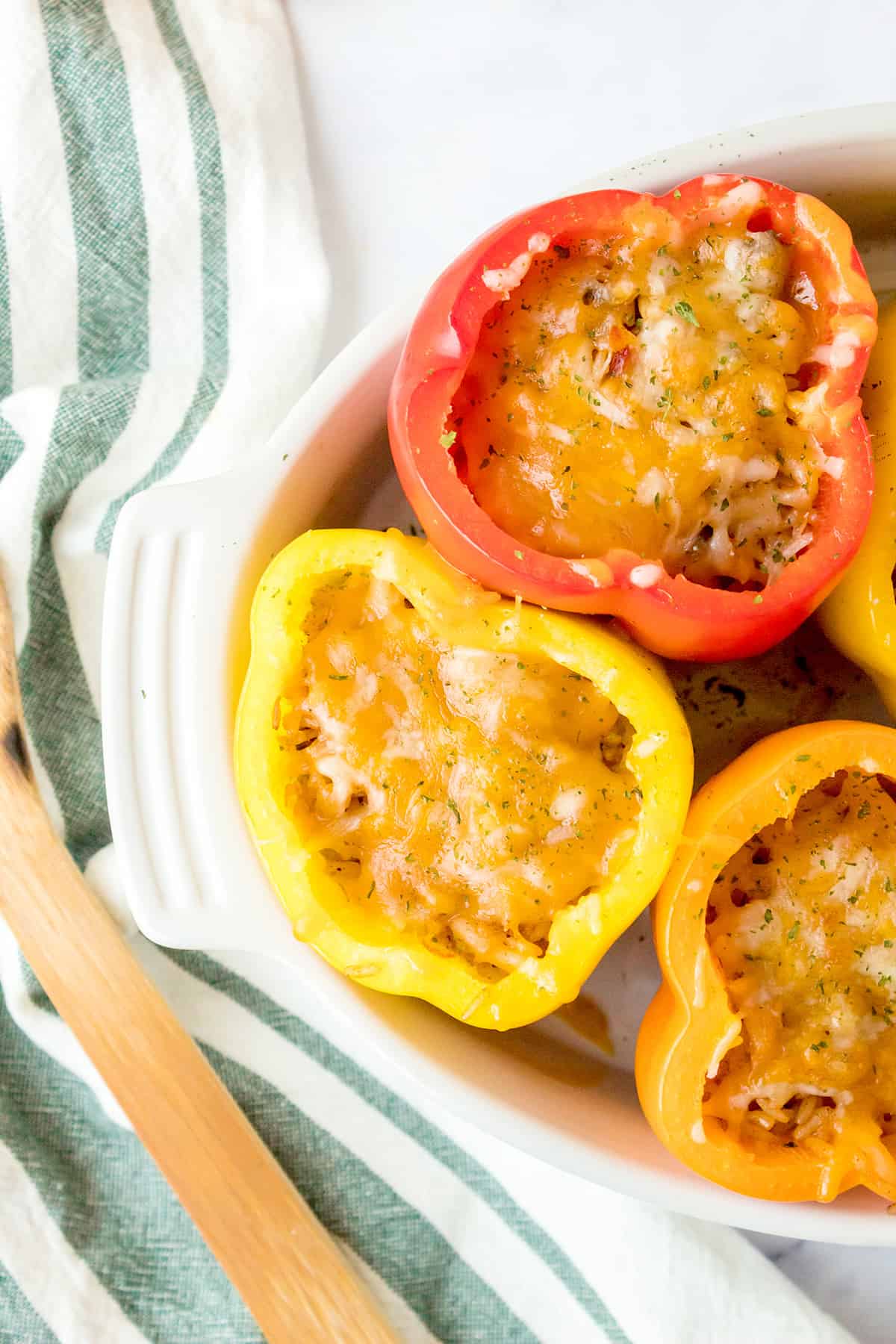 Finished peppers in a serving dish.