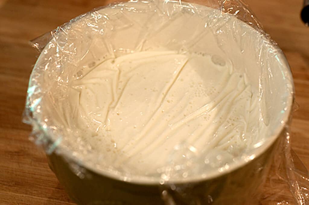 Tapioca in a bowl with plastic wrap covering the top.