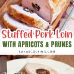 Sliced stuffed pork loin with apricots and prunes on a cutting board and a plate.