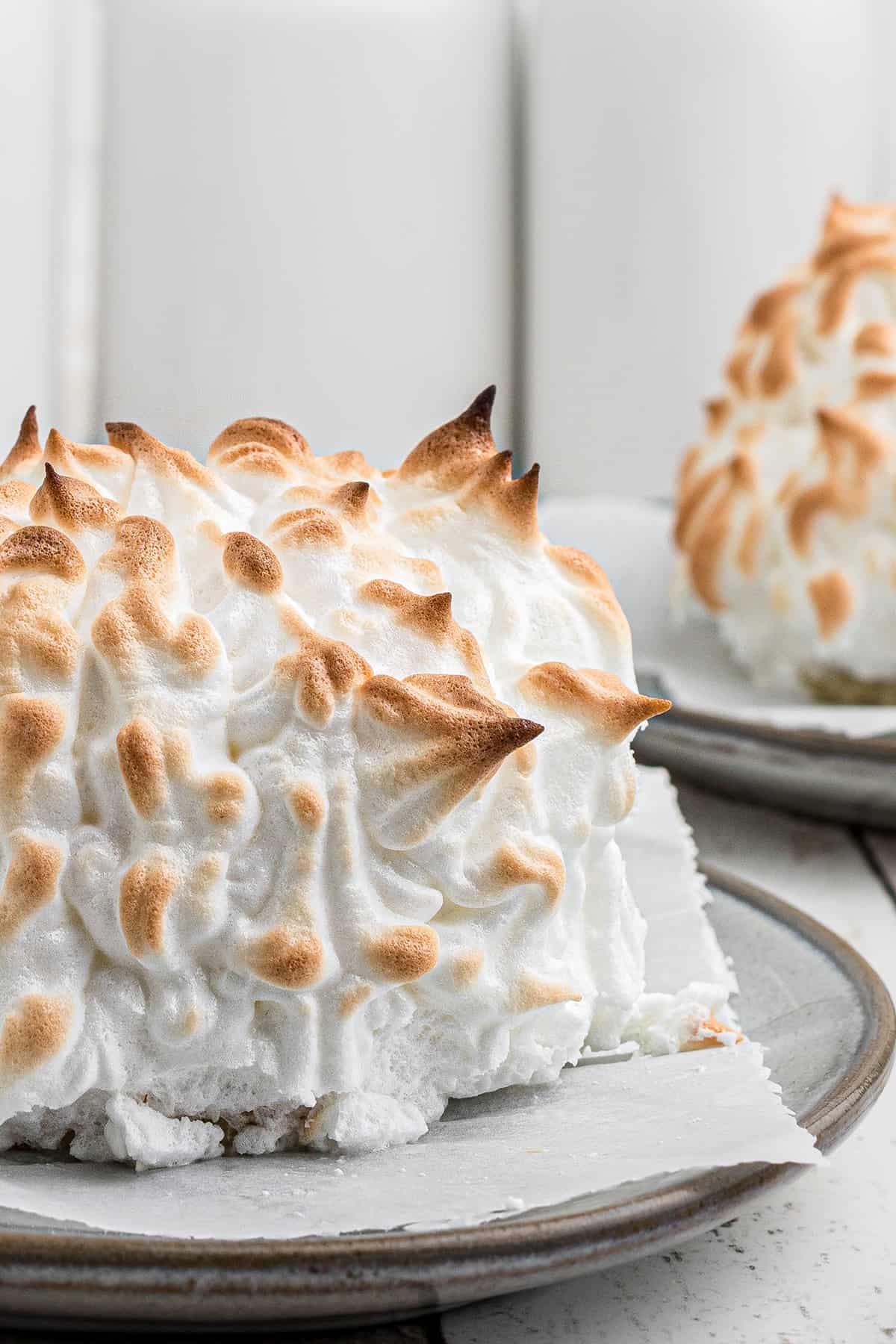 Finished Baked Alaska on a white serving plate.