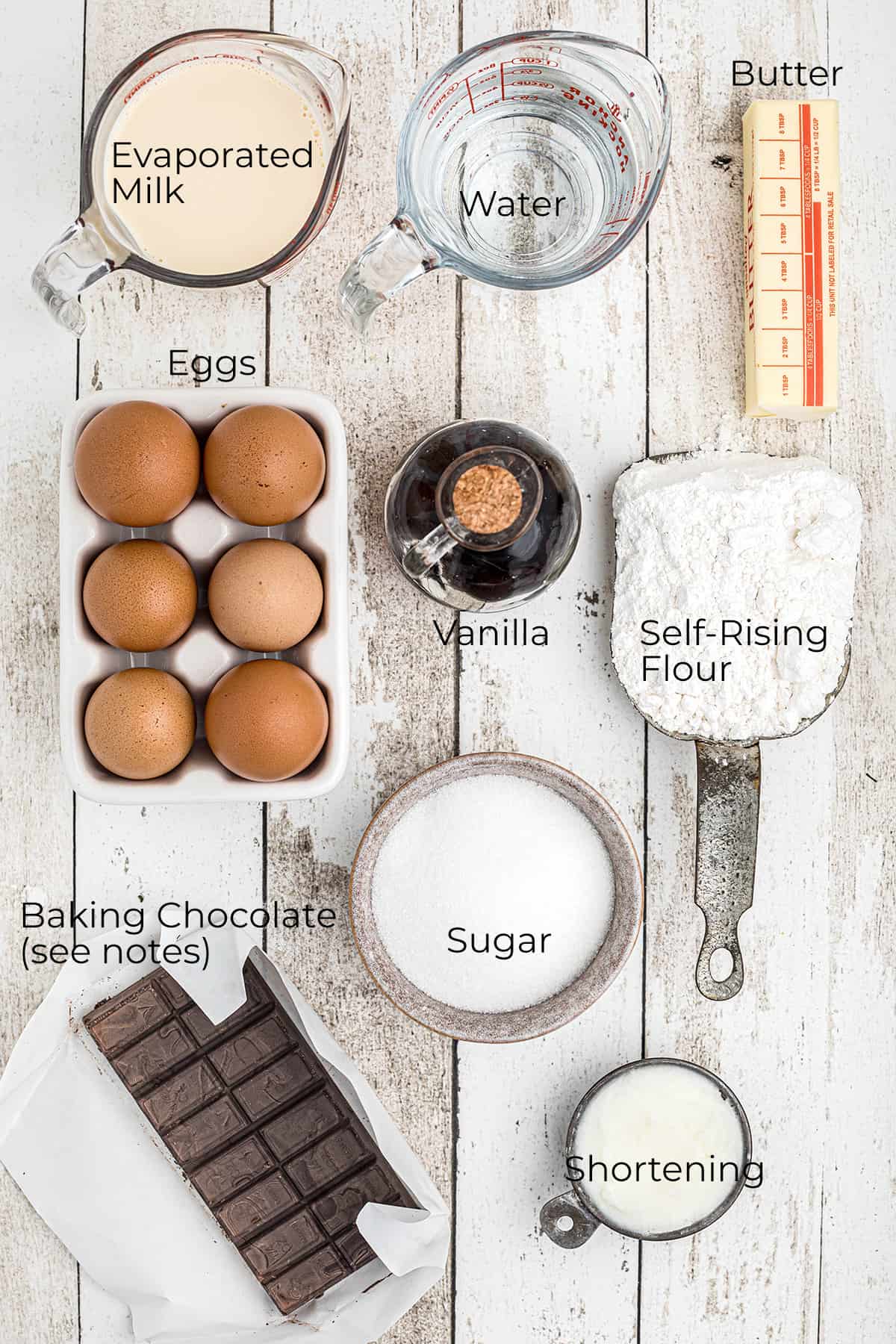 All ingredients needed to make chocolate little layer cake.