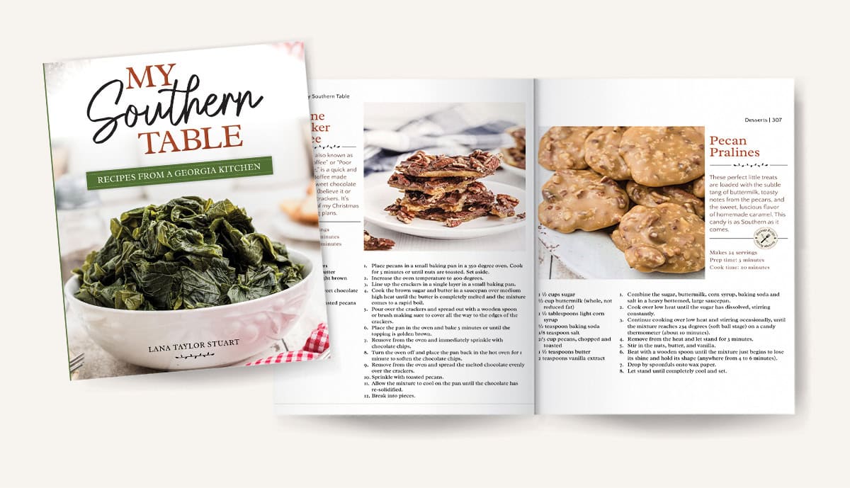 Mockup of pages 306-307 in My Southern Table cookbook.