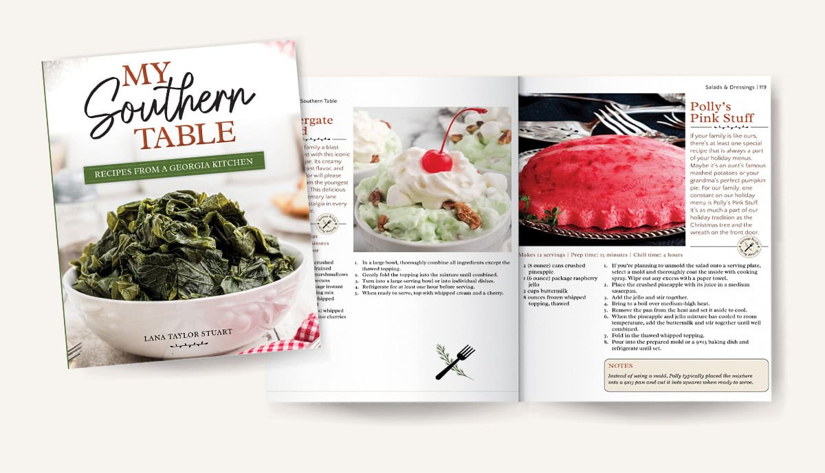 Mockup of pages 118-119 in My Southern Table cookbook.