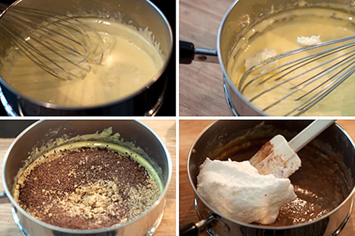 Photo collage showing cooking the egg yolks and adding the beaten egg whites.