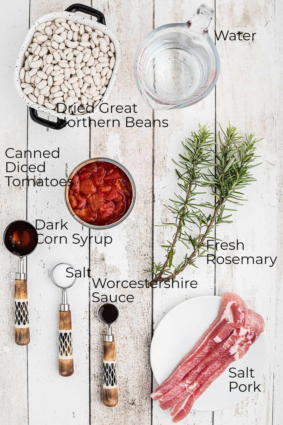 All ingredients needed for great northern beans with tomatoes.