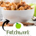 A white bowl filled with apple cobbler topped with a scoop of vanilla ice cream sits on a white surface. Behind it, another bowl of cobbler is visible. The text below reads, Patchwork Apple Cobbler. Get the recipe—lanascooking.com.