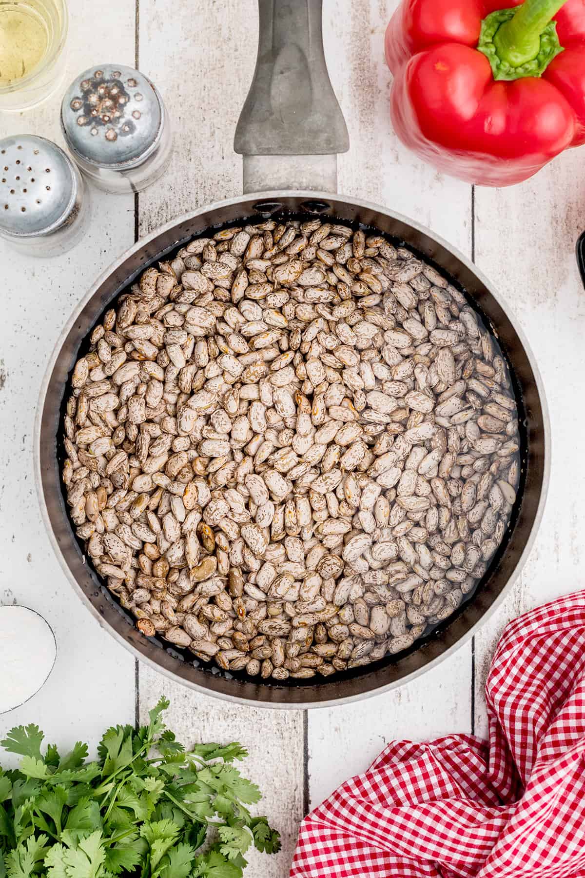 Dried pinto beans and water in a large pot.