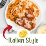 A white plate with spaghetti in tomato sauce topped with grated cheese and two breaded pork chops, also garnished with cheese. A fork and a bowl of grated cheese are nearby. Text reads: “Italian Style Pork Chops with Pasta.”.