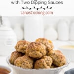 Finished sausage balls in a white serving bowl.