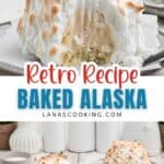 A serving of Baked Alaska on a white dessert plate.
