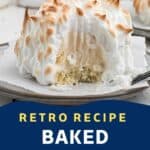 A serving of Baked Alaska on a white dessert plate.