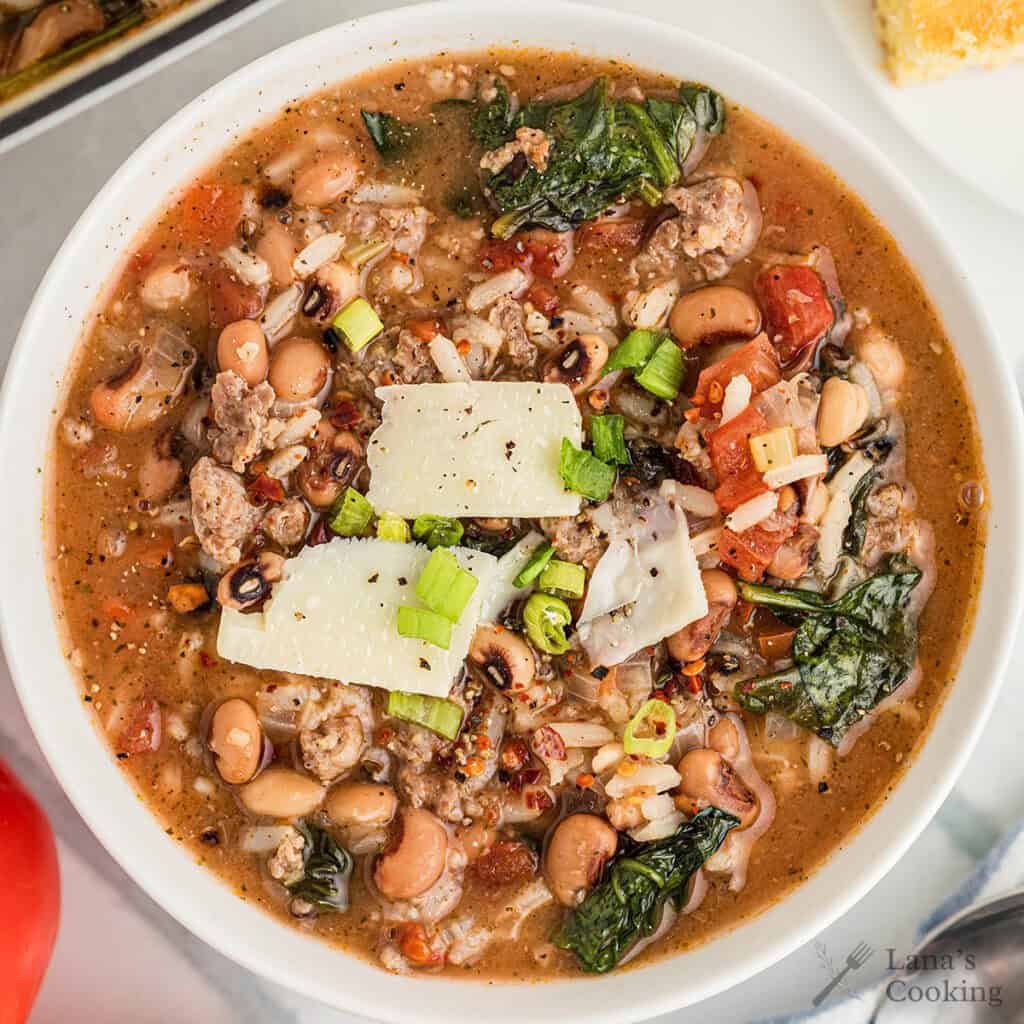 Black Eyed Peas and Green Soup in a serving bowl.