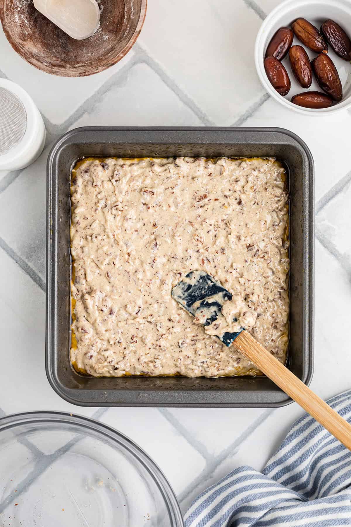 Batter spread into the prepared pan.