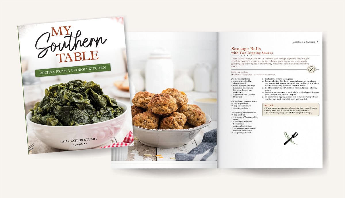 Mockup of pages 18-19 in My Southern Table cookbook.