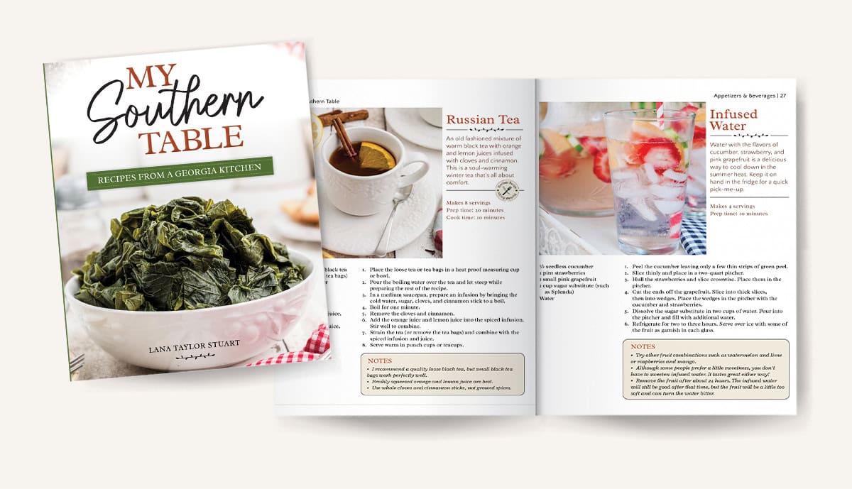 Mockup of pages 26-27 in My Southern Table cookbook.