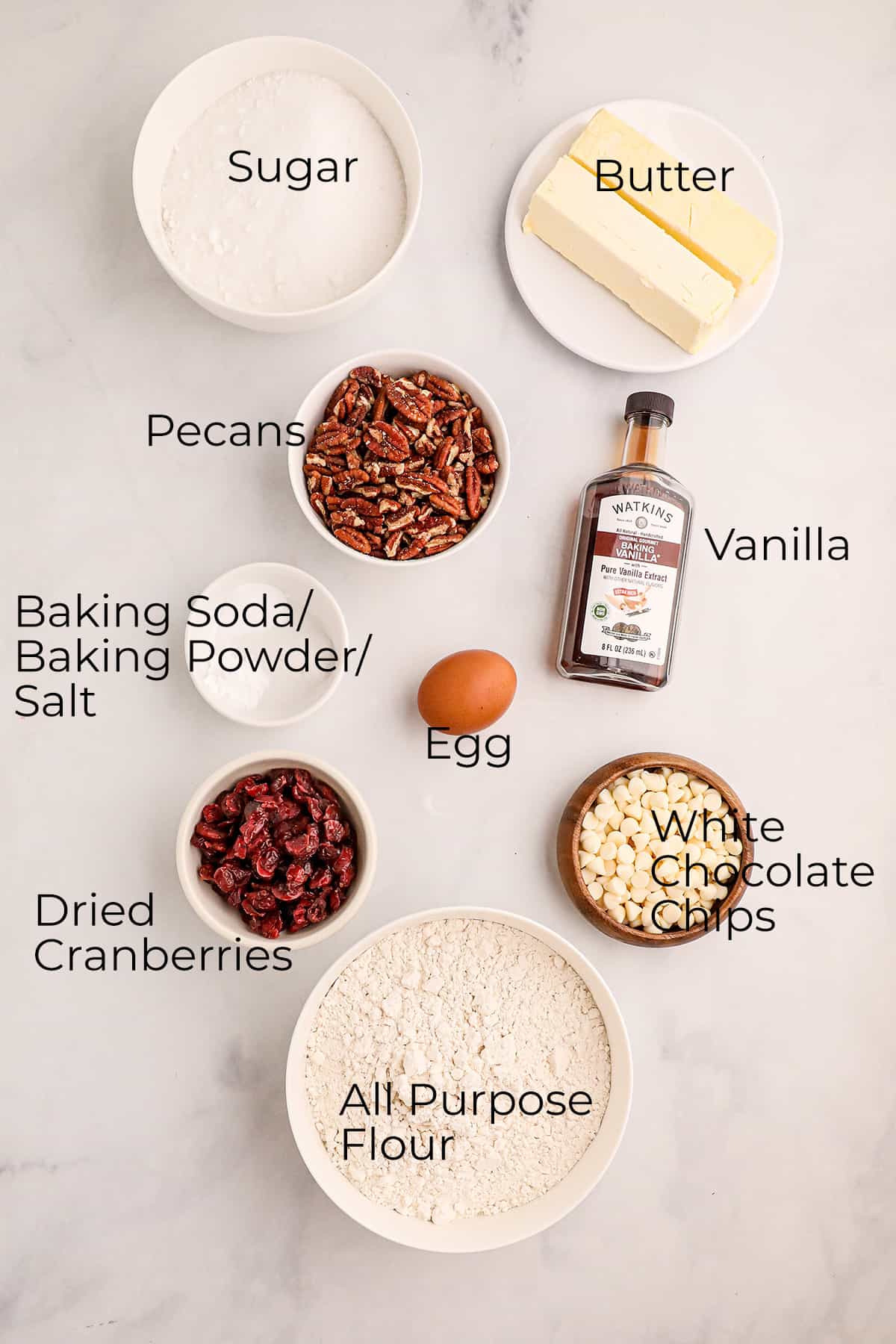 Ingredients needed for cranberry pecan cookies.