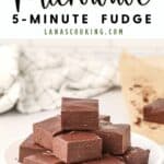 A plate of chocolate fudge squares on a white table, with text reading Microwave 5-Minute Fudge.
